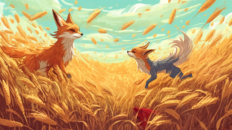 金色丰收麦田里可爱的狐狸插画,插画/手绘图,插画/手绘图库,插画/手绘图下载,插画/手绘